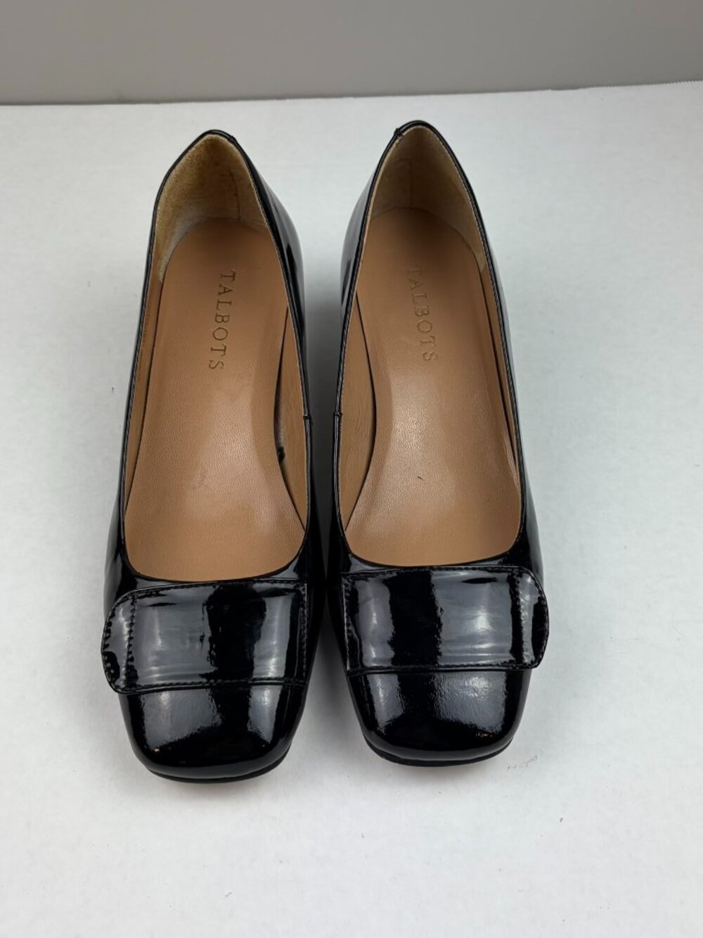 Talbots Black Patent Leather Block Heel With Square Toe Decorative Buckle Sz 6.5
